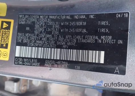 2018 Toyota Highlander Xle z USA, uszkodzony, nr VIN 5TDKZRFH7JS542632